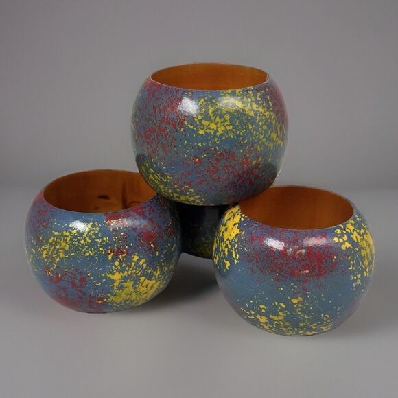 Set of 4 Boho Splatter Paint Multicolor Lacquered Wooden Napkin Rings Colorful - Picture 1 of 10